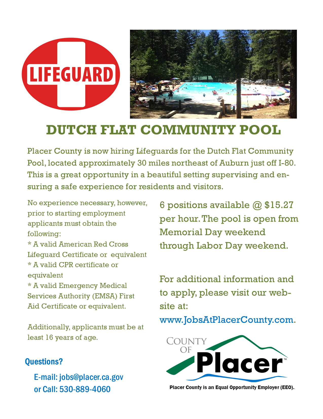 Job Posting Lifeguard Placer County